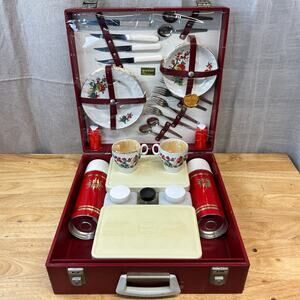 Vintage Brexton Red Picnic Hamper Set Tartan Thermos Service for 4 READ...